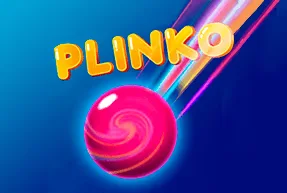 The game title 'Plinko' is displayed in yellow text above a large pink swirly ball on a blue background with colorful light streaks.
